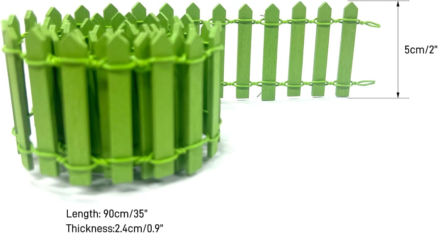 35 Inches Mini Fairy Garden Fence DIY Small Wood Decorative Picket Fence Micro Landscape Miniature Ornaments for Dollhouse, Crafts, Diorama Project, Plant Pot, Green