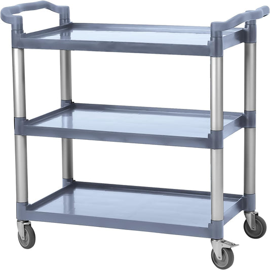 Utility Service Cart 3 Shelf, Rolling Push Cart with Brake Wheel, Plastic Heavy Duty 3-Tier Food Service Cart for Office, Warehouse, Garage, Restaurant, Cleaning, 360lbs Capacity, Gray