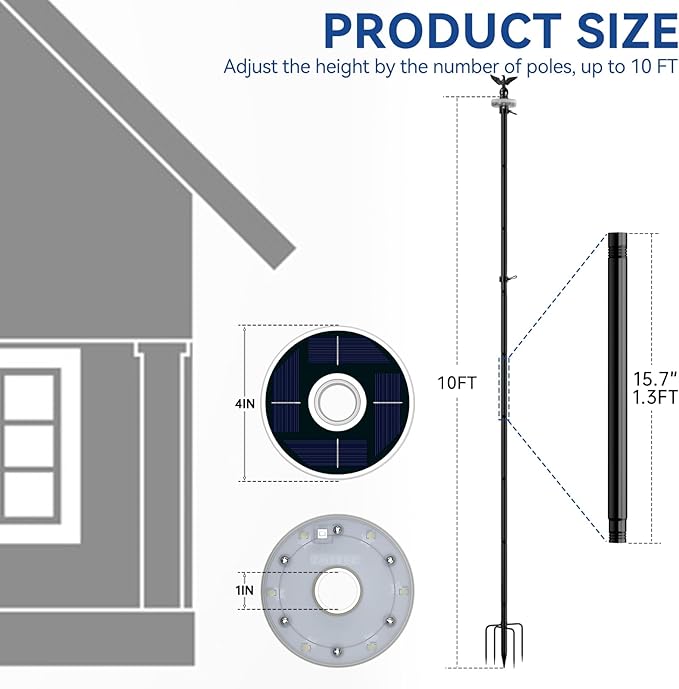 ZMTECH 10 FT Flag Pole Kit in Ground with 5 Pronges Base & Solar Light, Heavy Duty Flag Pole Holder with Metal Eagle Topper for Outside House Yard Garden Decor Residential Commerical(1 Pack,no Flag)