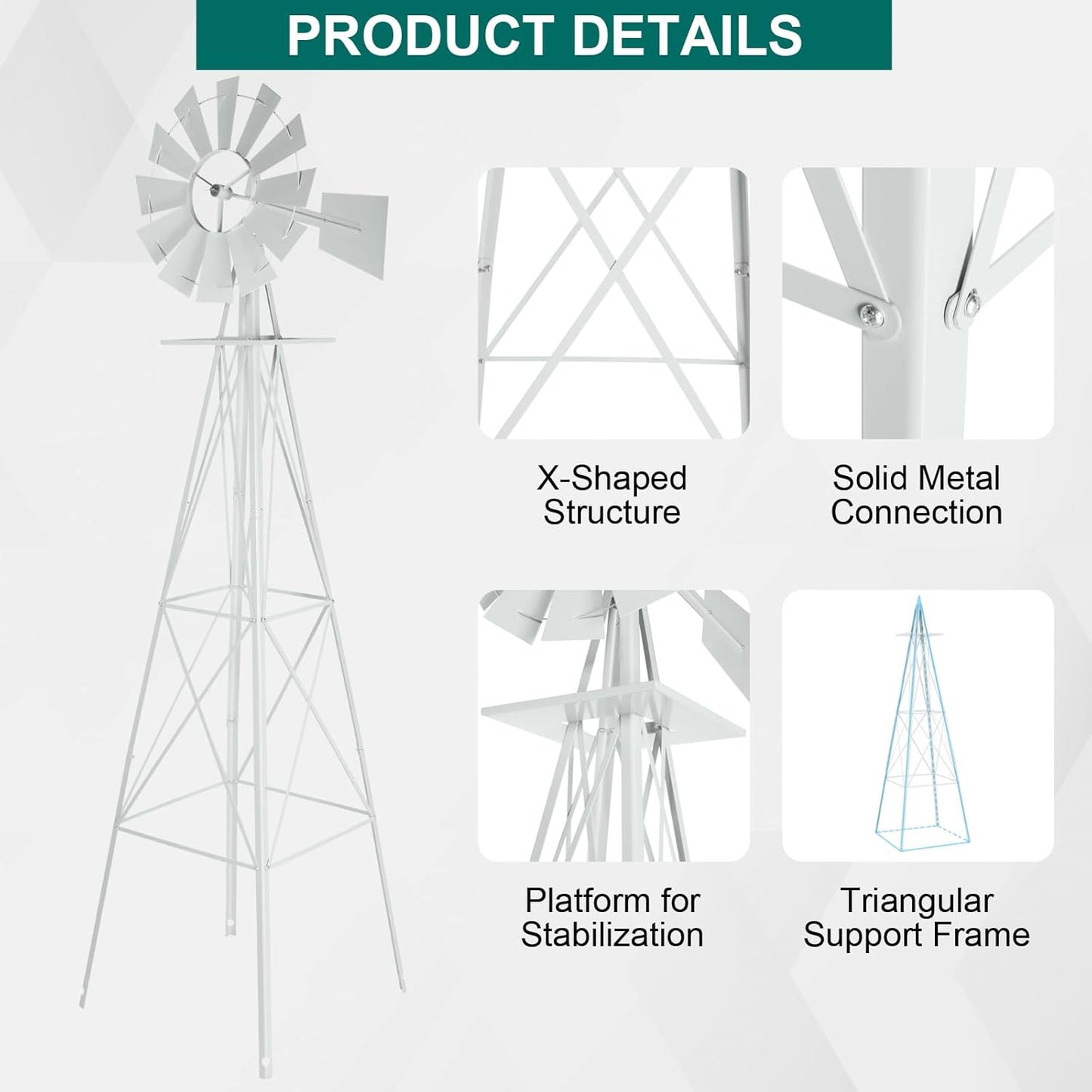 VINGLI 8FT Ornamental Windmill Backyard Garden Decoration Weather Vane, Heavy Duty Metal Wind Mill w/ 4 Legs Design,White