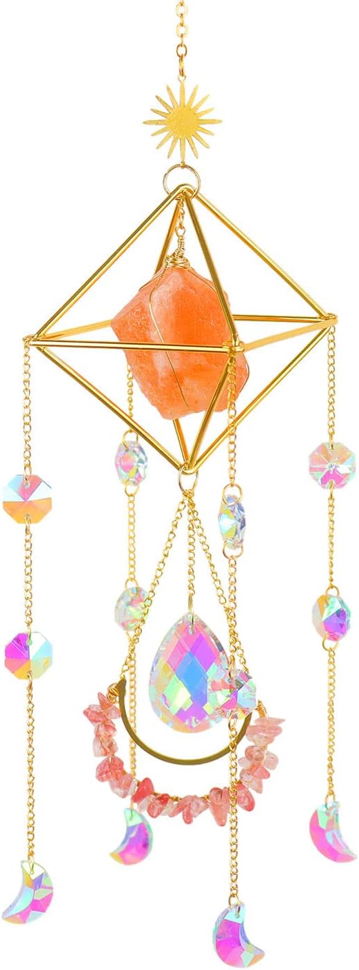 Orange Salt Crystal Suncatchers for Windows, Gemstone Sun Catcher Hanging, Unique Spiritual, Crystal Window Hanging, Boho Home Decor, Natural Stone (Orange Salt Stone)