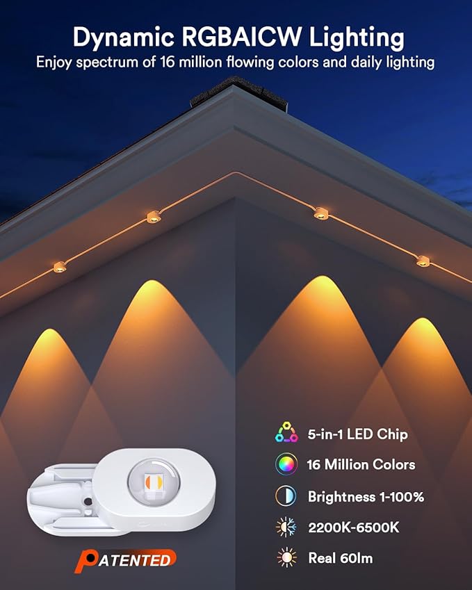 Lumary Permanent Outdoor Lights 2 with Remote for House, 200ft with 120 RGBAICW LEDs 7200lm for Home Daily & Accent Lighting, 110+ Scenes for Christmas Decor, IP67 Waterproof, Work with Alexa Google
