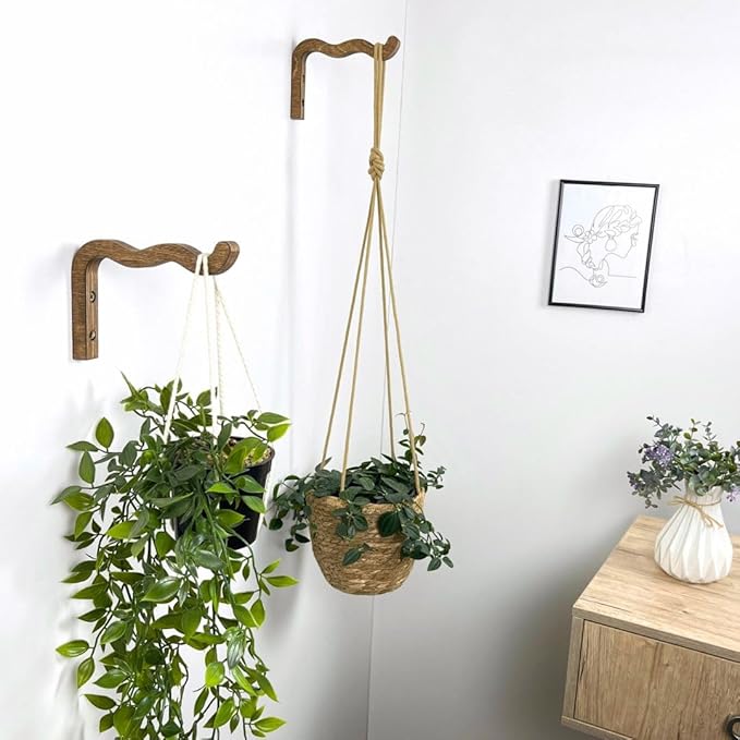 2-Piece Set of Wavy Wooden Wall Planters for Indoor Plants 6 Inch - Natural Plant Hook for Wall Plant, Wind Chimes, Flower Brackets, Patio Garden Decorations - Bracket Plant Hanger (Walnut)