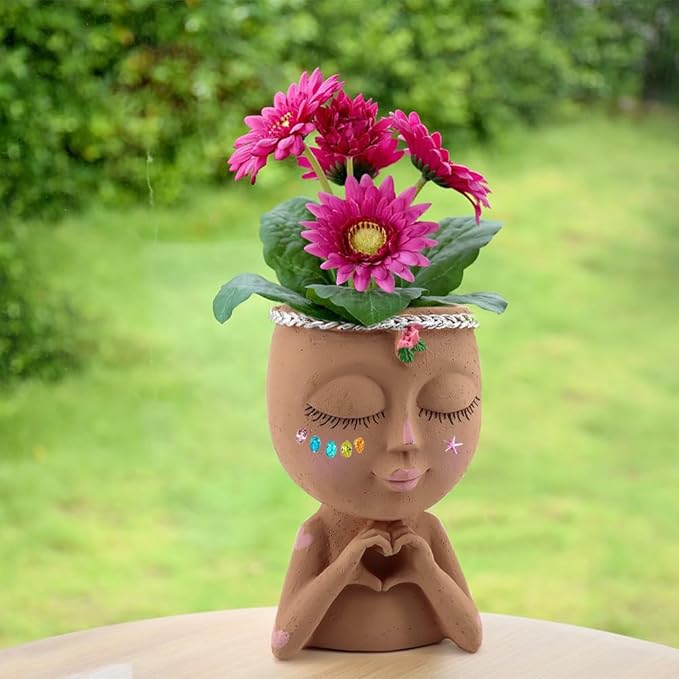 Meltset Face Planters Pots Head Unique Face Flower Pot Head Planter for Indoor Plants Cute Small Succulent Pots Indoor Plant Pot with Drainage,Great Gift (Brown Lady)