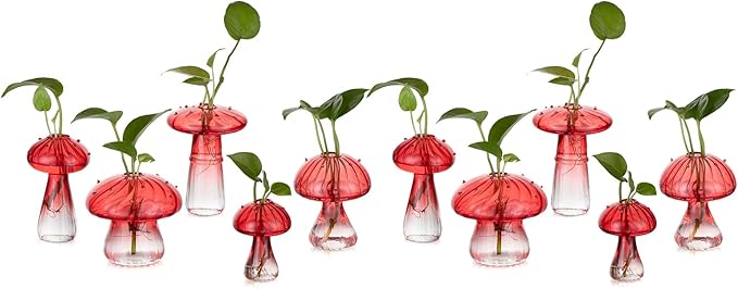 Glasseam Mushroom Plant Propagation Stations: Red Glass Terrarium Jar Set of 10 Cute Planters for Indoor Plants Mini Propagate Station Unique Christmas Birthday Gifts for Women Home Office Decor