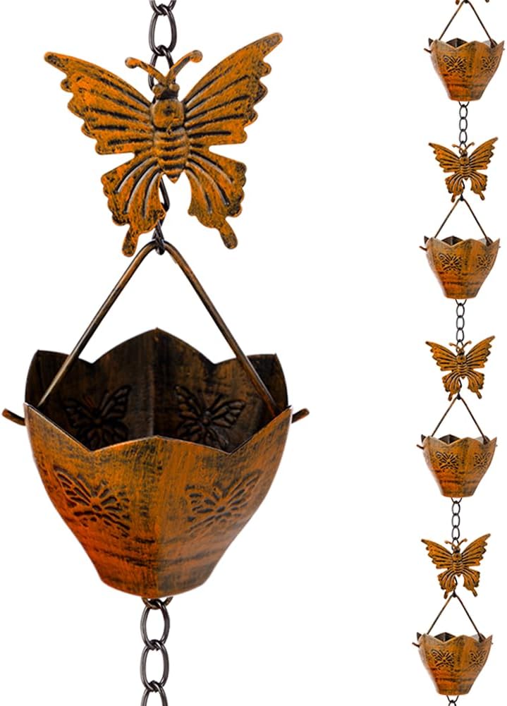 9.2FT Rain Chain for Outside, Rain Chain with 12 Butterfly Cups Adjustable Rain Chains for Gutters, Eaves, Drainage, Replacement for Downpout