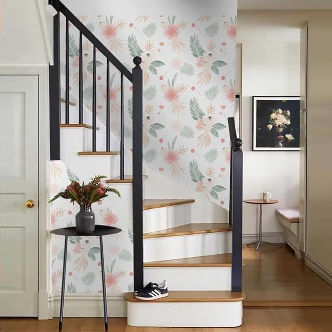 Neutral Green Leaves Pink Poppy Floral Peel and Stick Wallpaper Self Adhesive Removable Easy Peel Off Stick on Wall Paper for Bedroom Cabinet Renter