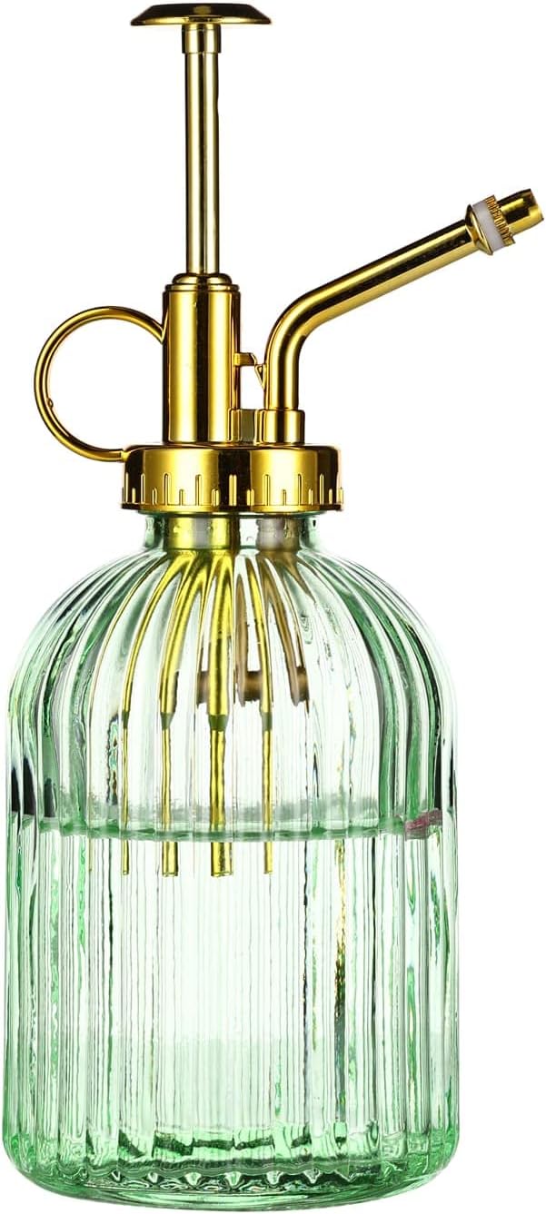 Glass Plant Mister Spray Bottle, 7.5" Green Glass Water Spray Bottle with Gold Top Pump Small Watering Can, Small Plant Sprayer Mister for Indoor Outdoor House,(Green+Gold E)