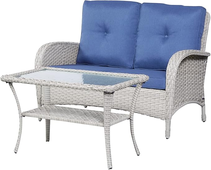 HUMMUH 4-Piece Patio Furniture Wicker Outdoor Conversation Set,All-Weather Rattan Outdoor Bistro Set with Loveseat Chairs Coffee Table for Backyard,Poolside,Deck