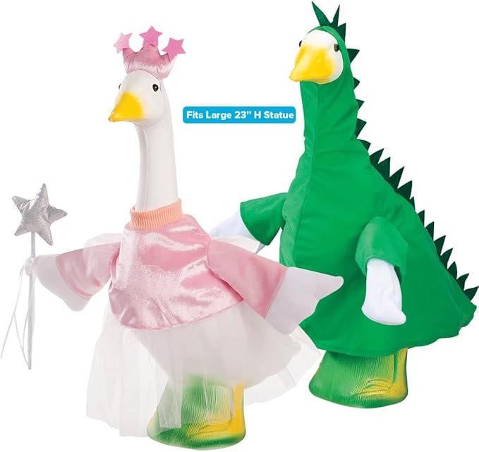 Fox Valley Traders Gaggleville Princess & Dinosaur Goose Outfit Bundle - Includes Princess & Dinosaur Goose Outfits, Fits Large 23" H Statue