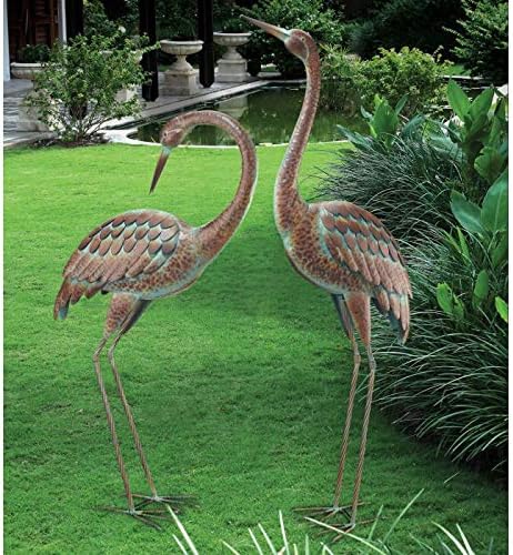 Regal Art & Gift Outdoor Garden Décor, Unique Bird Sculpture, Rustic Metal Bird Statues, Garden Ornaments, Bird Figurine for Lawn, Decorative Sculpture, Crane, Bronze/Green, Back Preening, 38"height
