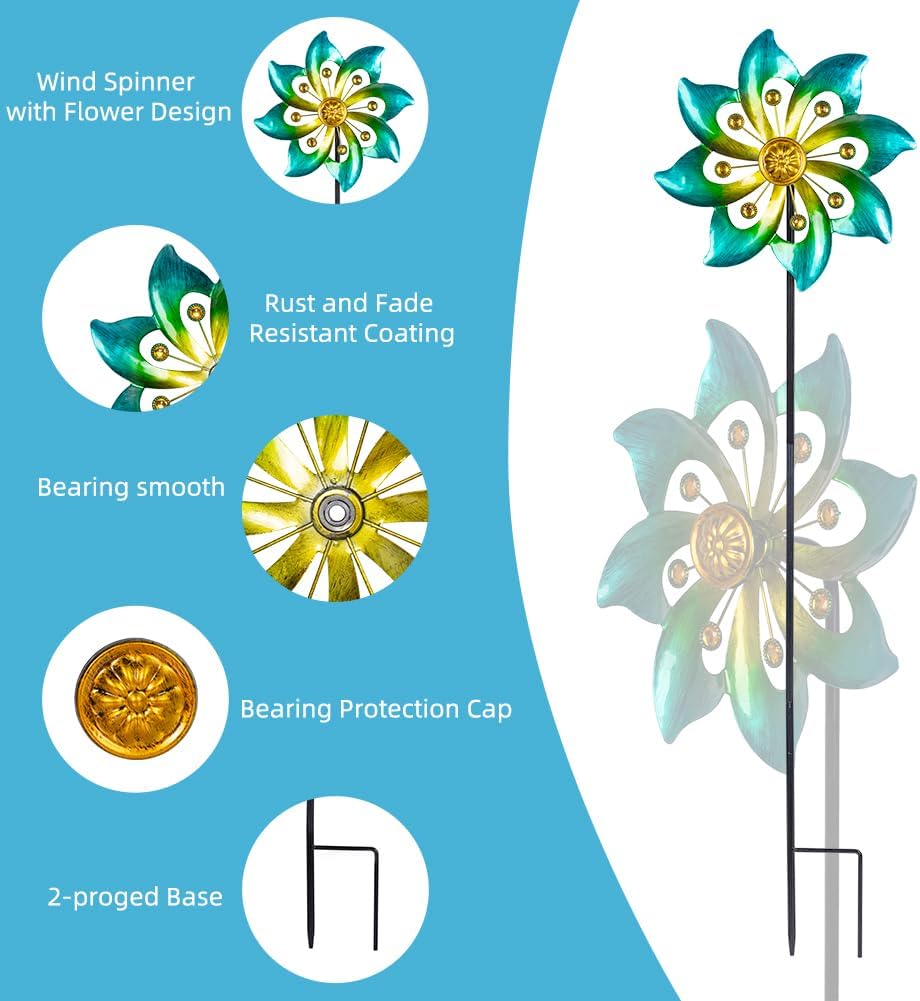 DREAMYSOUL Metal Garden Pinwheels, 9.6" Dia*40" H Kinetic Wind Spinners, Outdoor Spinners for Yard and Garden Art Lawn Decor (Cyan)