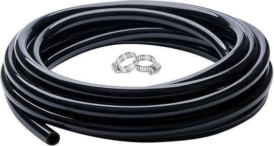 5/8" id - 25ft Black Vinyl Tubing Flexible PVC Tube Hybrid Hose Transfer Water Fuel Gas for Pond Fountain Garden Waterfall, Durable and Safe, with 2 Hose Clamps