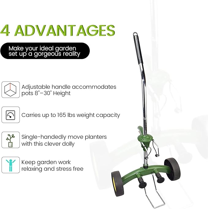 EJWOX Heavy Duty Plant Dolly Caddy - Pot Mover for Garden w/ 165 lb Capacity, Flat-Free Wheels & Suction Cups | Adjustable Handle, Floor Protection