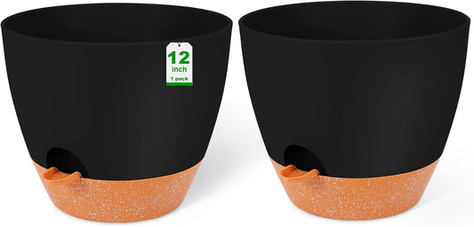 GARDIFE 12 inch planters, Plant Pots,Self Watering Pots, 2 Pack Large Plastic Flower pots with Deep Reservior and High Drainage Holes for Indoor Outdoor Plants and Flowers, Black