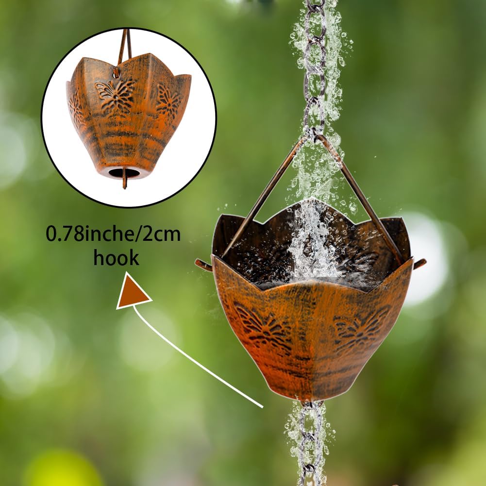 9.2FT Rain Chain for Outside, Rain Chain with 12 Butterfly Cups Adjustable Rain Chains for Gutters, Eaves, Drainage, Replacement for Downpout