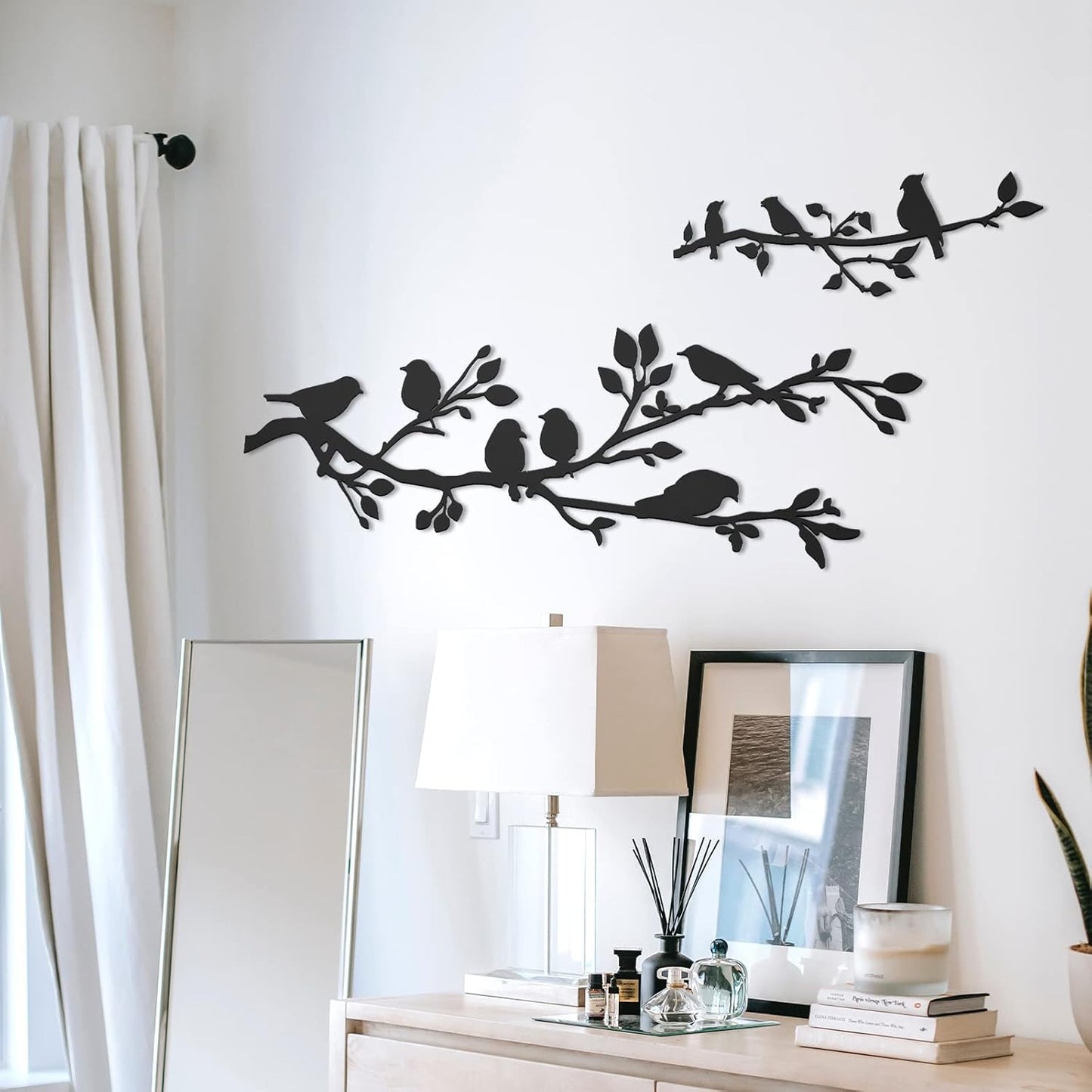 ULENDIS 3Pcs Large Metal Birds Wall Art, Bird on Branch Metal Birds Wall Decor Leaves with Bird Silhouette Sculpture, Ornament Branch Wall Hanging Sign for Balcony Garden Indoor Outdoor Decor