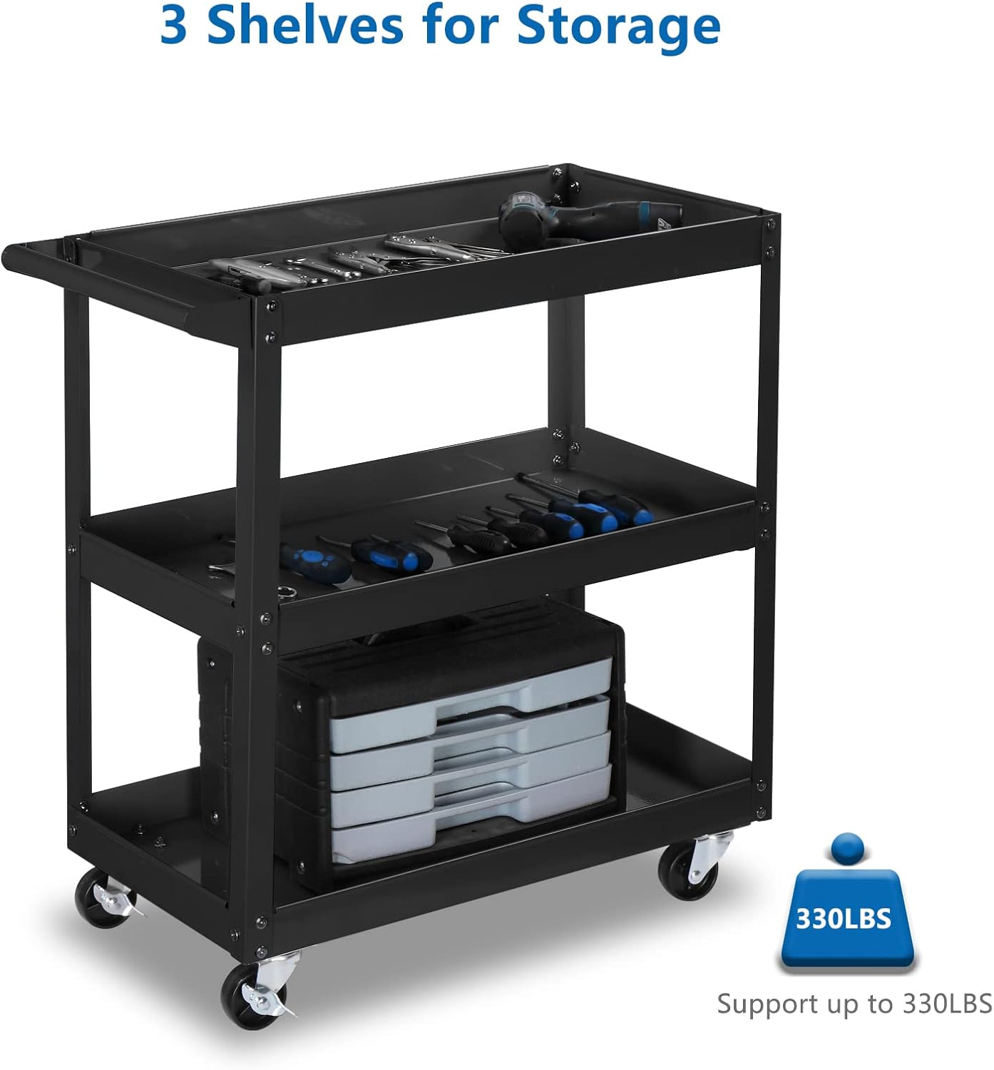 TUFFIOM 3 Tier Rolling Tool Cart, 330 Lbs Capacity, with Ergonomic Handle, Black