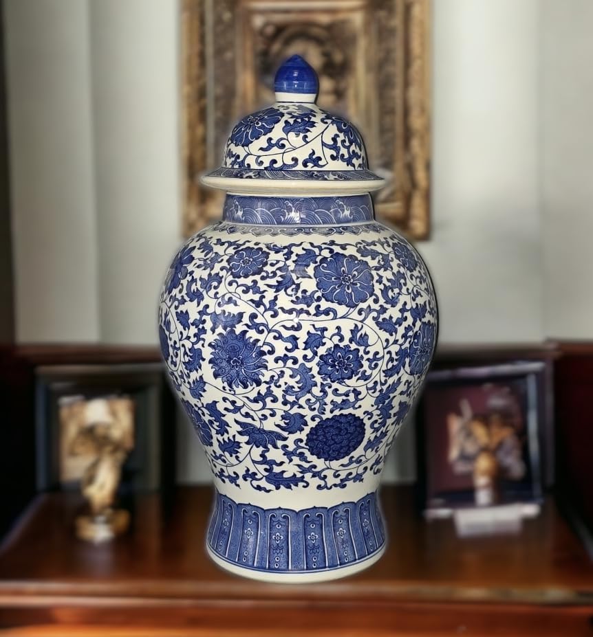24" Classic Blue and White Floral Porcelain Ceramic Temple Ginger Jar Vase, Large China Qing Style (Blue and White 24-5)