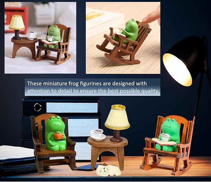 7 Pcs Cute Frog Rocking Chair Set with Miniature Frog Figurines, Mini cat, and Whimsical Trinkets - Versatile Decor for Office, Home, Yard, Patio, and Lawn