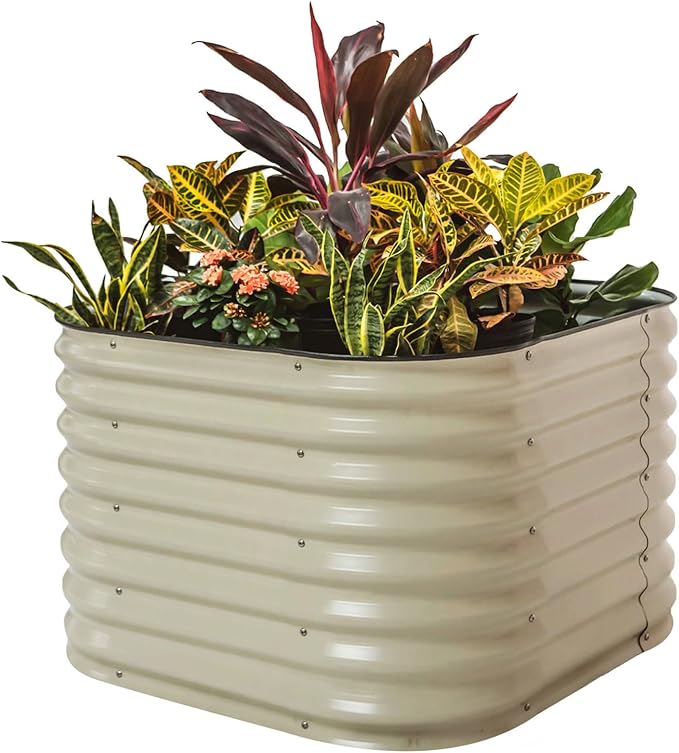 Vego garden 26" Extra Tall Raised Garden Bed Kits, 4 in 1 Modular Raised Planter Box for Vegetables Flowers Fruits Oval Metal Raised Garden Pearl White