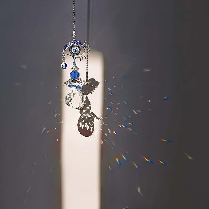 YU FENG Hanging Crystal Angel Suncatcher Blue Evil Eye Protection and Good Luck Charm Chandelier Lamps Pendant(12.5in)