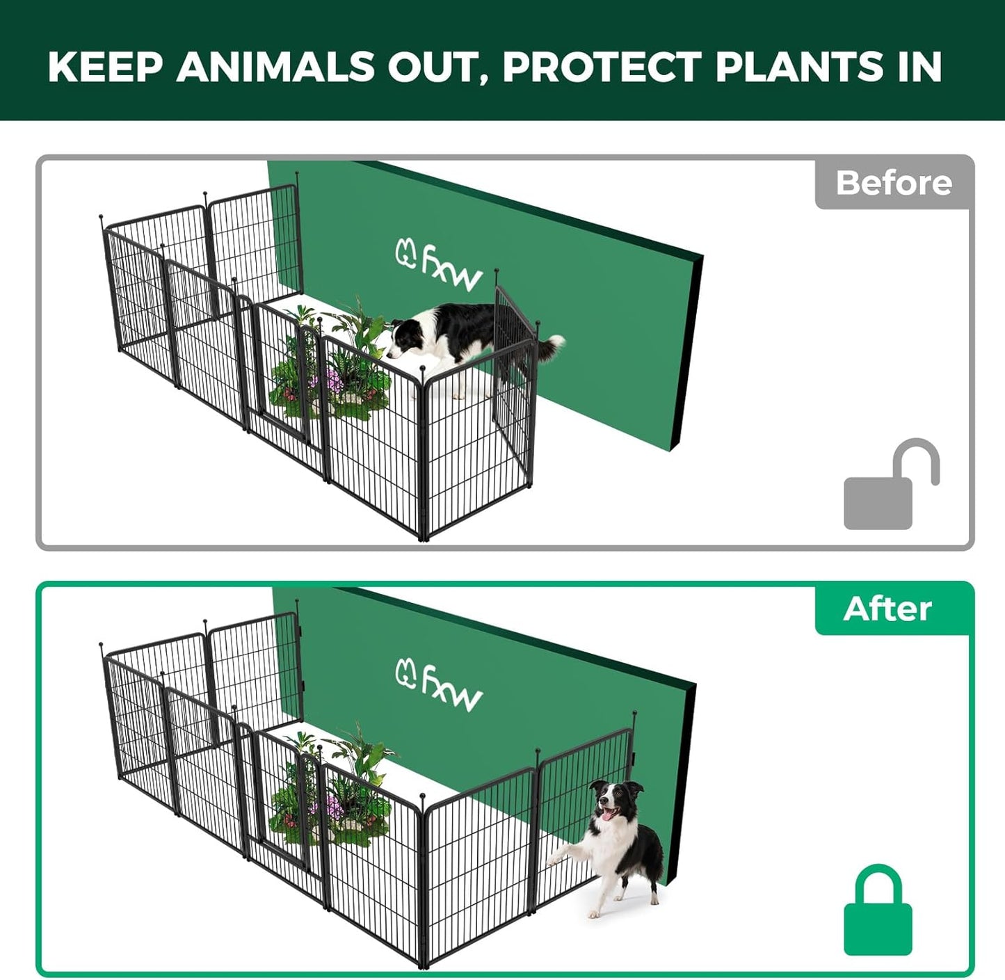 FXW Garden Fence Outdoor for The Yard – 32in(H) x 18.2ft(L) Heavy Duty Metal Animal Barrier for Dog and Rabbit, Decorative Dog Fence with Fence-to-Wall Anchor (Pack of 4), 8 Panels, Black