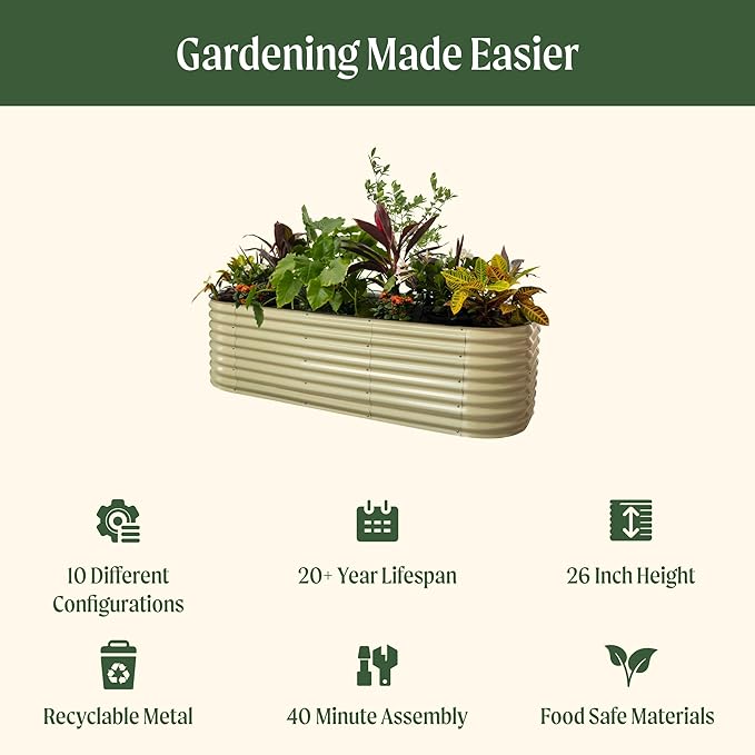 Vego garden 26" Extra Tall Raised Garden Bed Kits, 10 in 1 Modular Raised Planter Box for Vegetables Flowers Fruits Oval Metal Raised Garden Pearl White