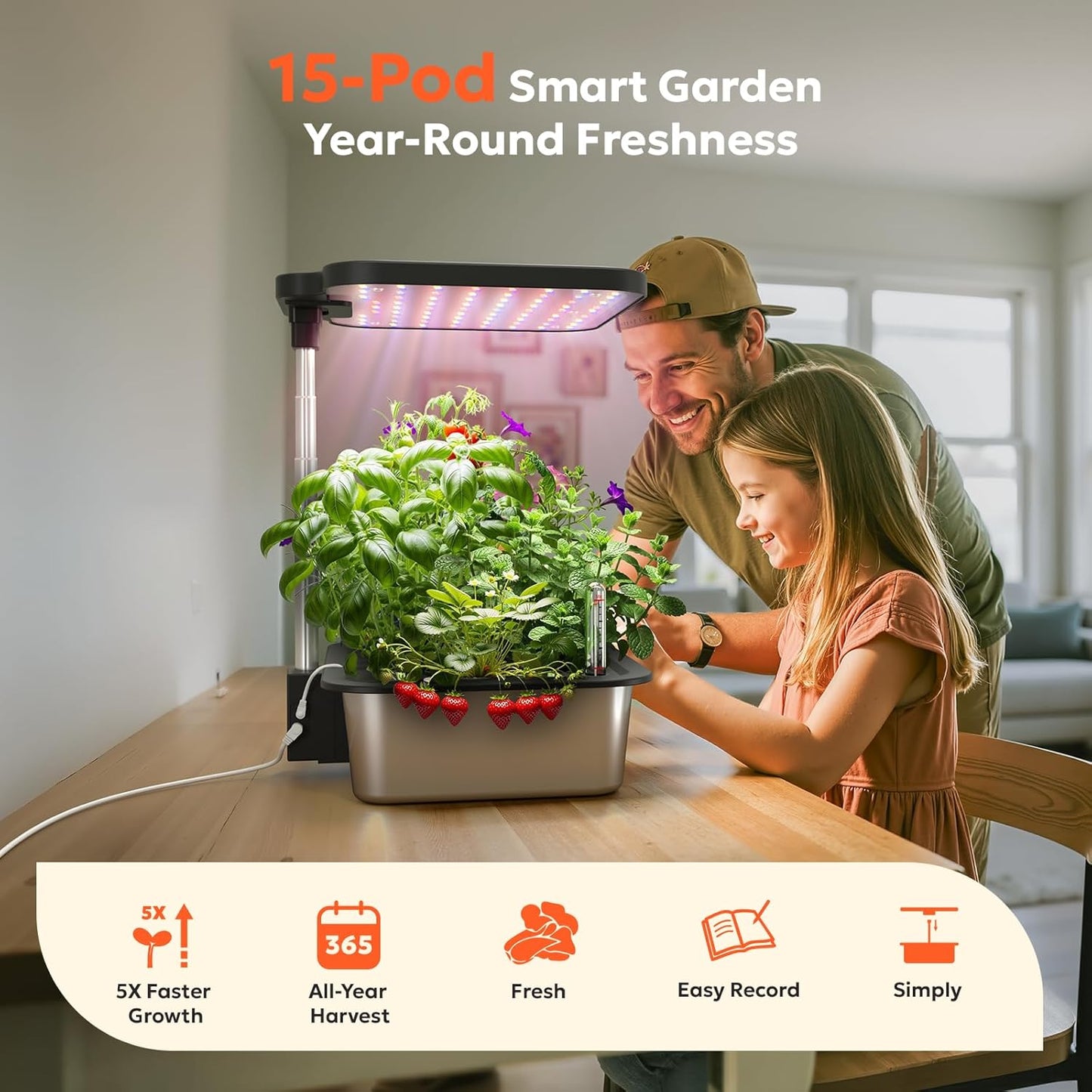 owltron Smart Hydroponics Growing System Kit,15 Pods Indoor Herb Garden with 36W LED Grow Light & APP Control, Planting Height Up to 30", Quiet Water Pump, Stainless Steel - Ideal Gift for All Ages