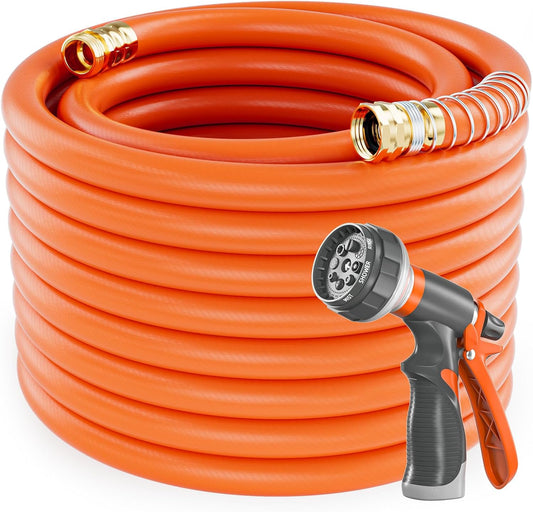 Garden Water Hose 150 ft x 3/4 in Heavy Duty, Flexible and Lightweight, Burst 600 psi, Kink-less Hybrid Rubber Pipe for Backyard, 3/4'' Brass Fittings, Orange