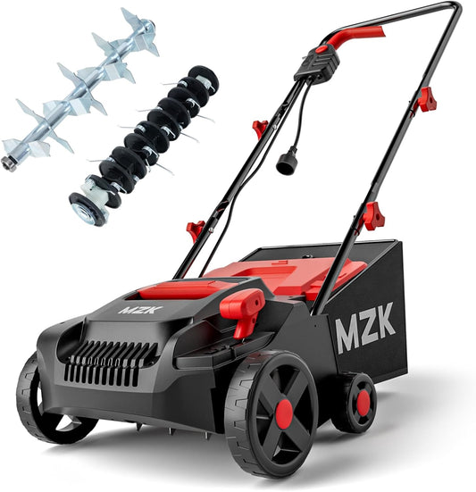 MZK 13-inch 13-Amp 2-in-1 Electric Dethatcher and Scarifier w/Removeable 4-Position Height Adjustment,Lawn dethatcher w/8-Gallon Thatch Collection Bag,Keep Lawn Health (DS13A04)