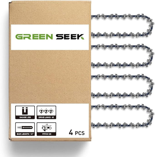 12-Inch Chainsaw Chain 4-Pack – 3/8" LP Pitch, .050" Gauge, 45 Drive Links, Semi-Chisel Replacement Chain for 12" Electric Mini Chainsaw and Pole Pruner