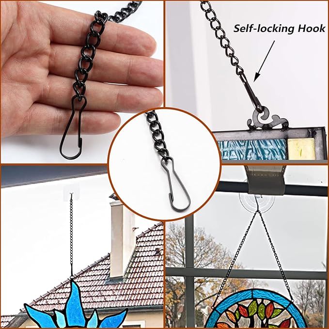 Stained Glass Window Hanging Chain Kit, Picture Hanging Chain with Suction Cup Hooks Sunshine Catcher Metal Nickel Plating Stained Glass Window Panels 10 Inch and 20 Inch (Black)