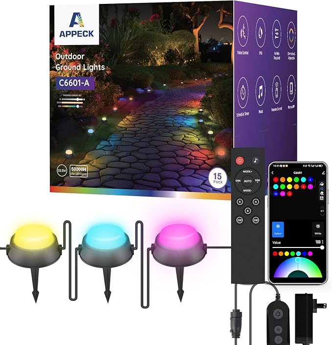 APPECK Smart Outdoor Ground Lights 15 Pack, 32FT RGBW Color Changing Pathway Lights Wired, IP65 Waterproof Landscape Lighting, for Path Yard Lawn Patio Holiday Party Decor, with App & Alexa Control