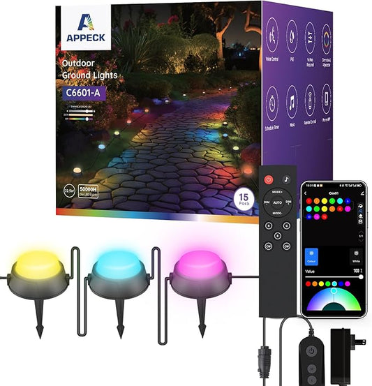 APPECK Smart Outdoor Ground Lights 15 Pack, 32FT RGBW Color Changing Pathway Lights Wired, IP65 Waterproof Landscape Lighting, for Path Yard Lawn Patio Holiday Party Decor, with App & Alexa Control