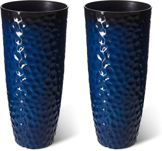 Glitzhome 31" H Oversized Tall Planter, Set of 2 Honeycomb Textured Gradient Cobalt Blue Round Garden Plant Pots with Drainage Holes, Large Flower Containers for Indoor Outdoor Front Door Patio