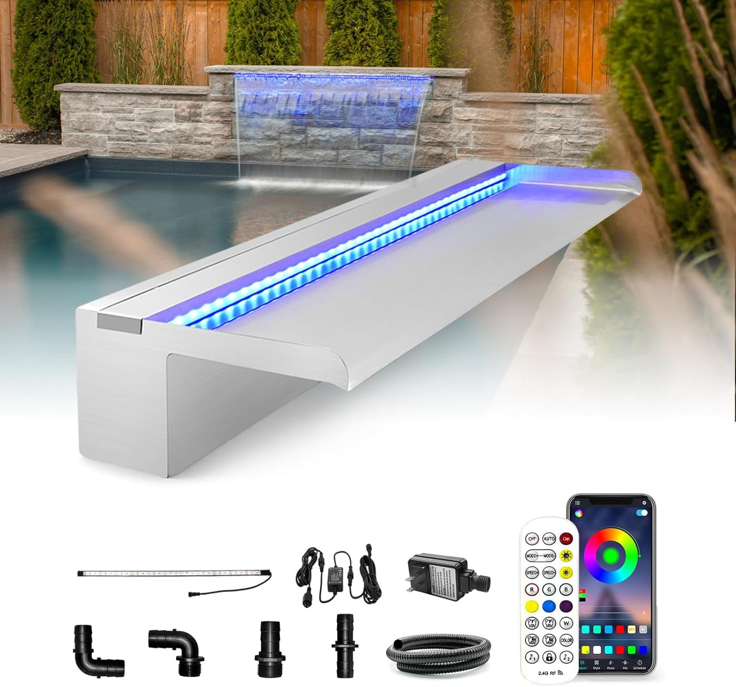 LONGRUN Stainless Steel Waterfall Spillway, APP Control Multi-Color LED Light Outdoor Pool Fountain, Water Spillway Koi Pond Waterfalls Fountains Kit for Garden Patio Swimming Pool Decoration-23.6"