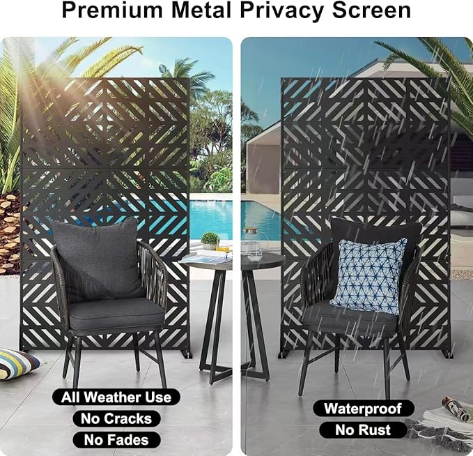 Metal Privacy Screen for Outdoor Freestanding Privacy Screens, 72" H x 44" W Decorative Privacy Wall Panels with Stand, Patio Balcony Screens for Outside Outdoor Divider Deck Porch Garden and Indoor