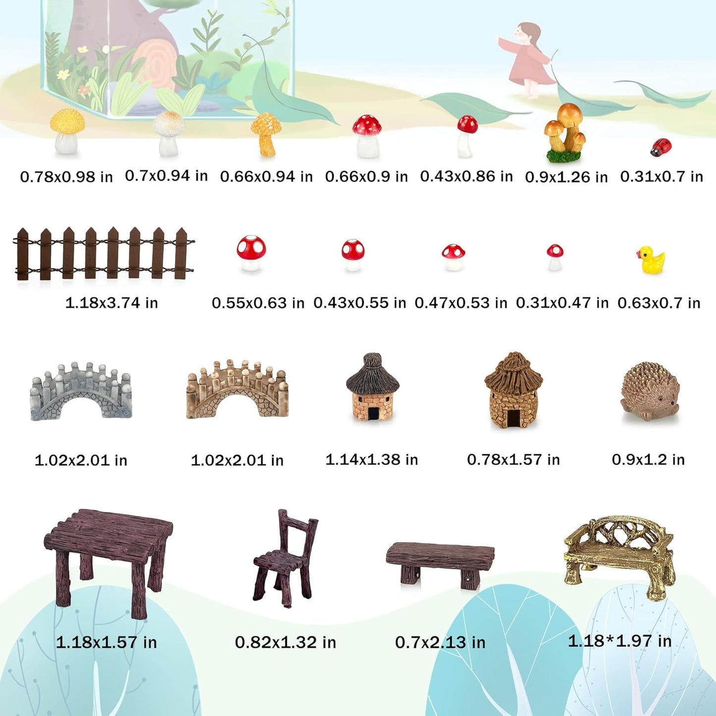 56 Pcs Fairy Garden Accessories, Mini Resin Animals Figures, Miniature Table and Chairs, Moss Bonsai Micro Landscape Ornaments Kit, Miniature Garden Kit, Terrarium Ornaments DIY Craft