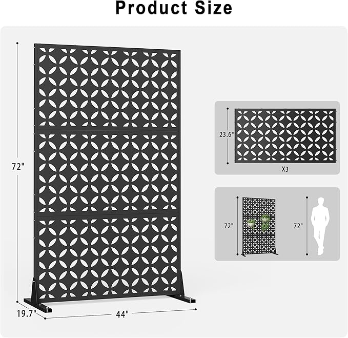 Heavy-Duty Outdoor Privacy Screen for Patio, Balcony, Backyard - 72" H * 44" W Tall Metal Room Divider with Classic Clover Pattern, Anti-Tipping Kit, Weather Resistant, Easy Assembly