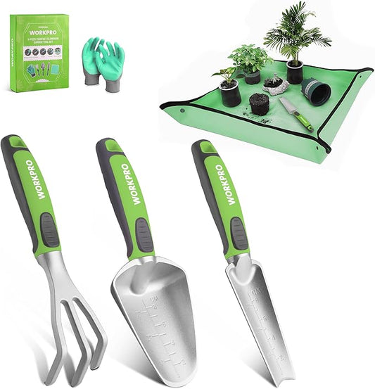 WORKPRO 5PCS Garden Tool Set, Powder Coating Compact Aluminum Gardening Tool Set with Repotting Mat, Outdoor Garden Hand Tools, Ideal Gardening Gift, Green