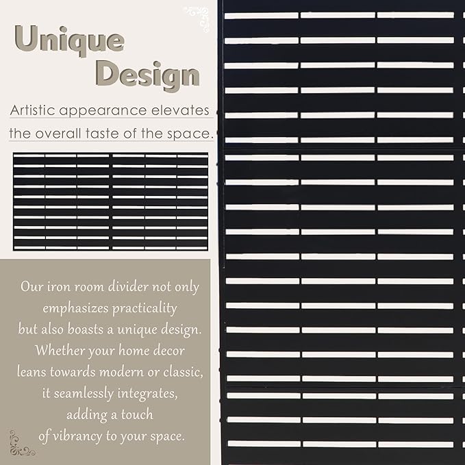 Kozyard Metal Privacy Screen 74" H x 47.2" W Decorative Outdoor Divider with Stand Panels Freestanding Screen Set for Deck Patio Balcony Garden Outdoor&Indoor(Black/Horizontal Slat)