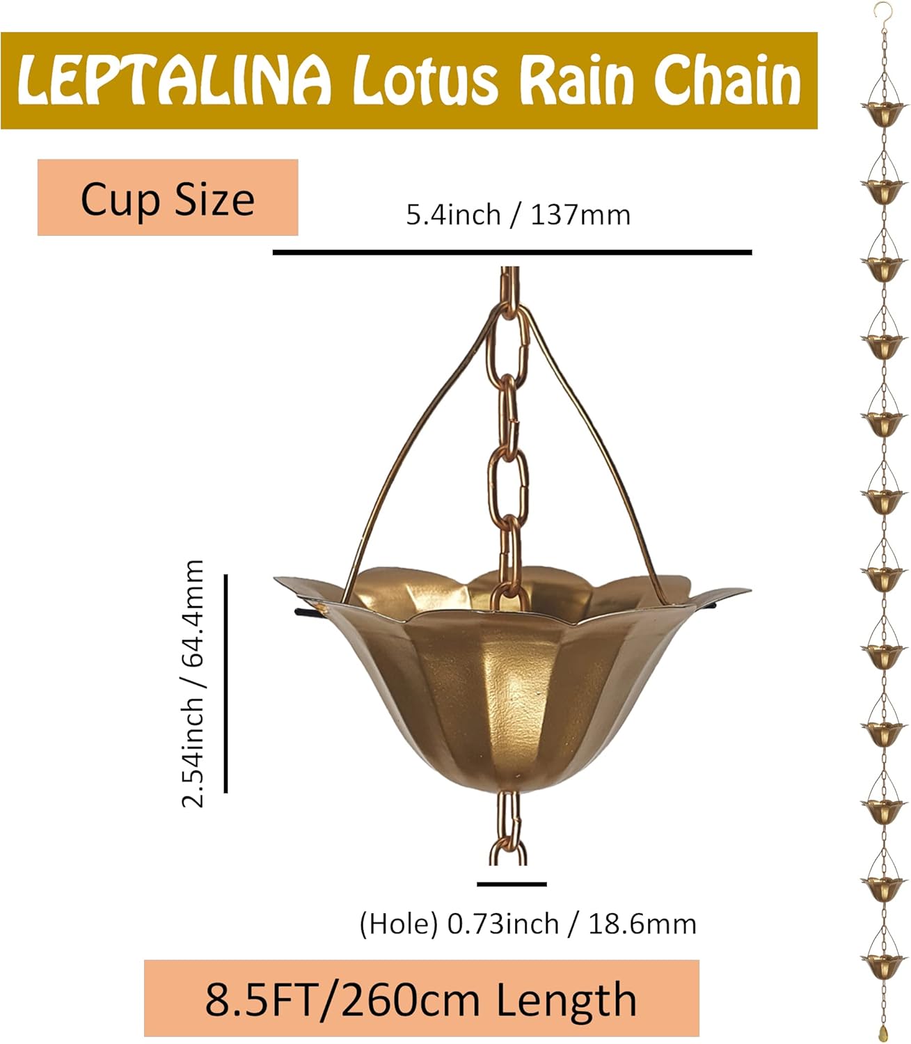 8.5FT Lotus Copper Colored Iron Rain Chains for Gutter and Rain Barrel, Rust-Resistant Plated Garden Décor Rain Chain for Downspout, Bonus Rain Chain Gutter Adapter