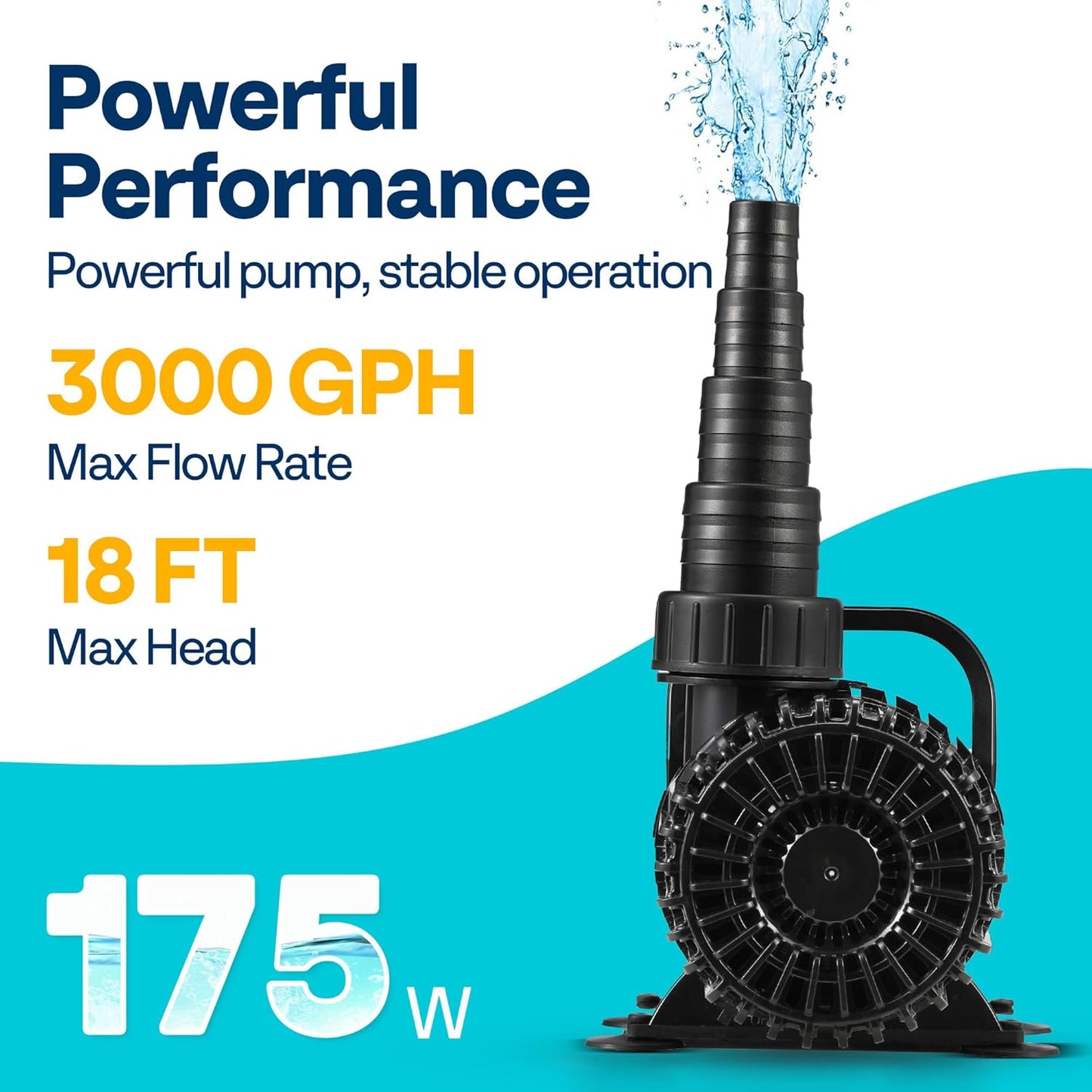 VIVOHOME 175W 3000GPH Submersible Water Pump with 180° Seamless Adjustable Nozzle and Barrier Bag for Koi Pond Waterfall Fountains Fish Tank