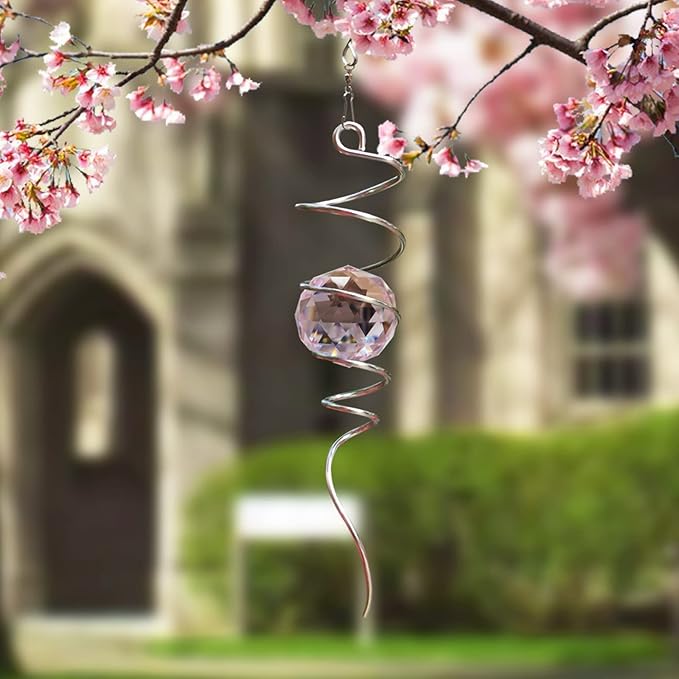 Gazing Ball Spiral Tail, Spiral Wind Spinners with Pink Crystal Orb with Swivel Hook, Suncatcher Rainbow Maker Hanging Garden Ornament Outdoor Decoration Indoor Outdoor Decor 13 inch Height