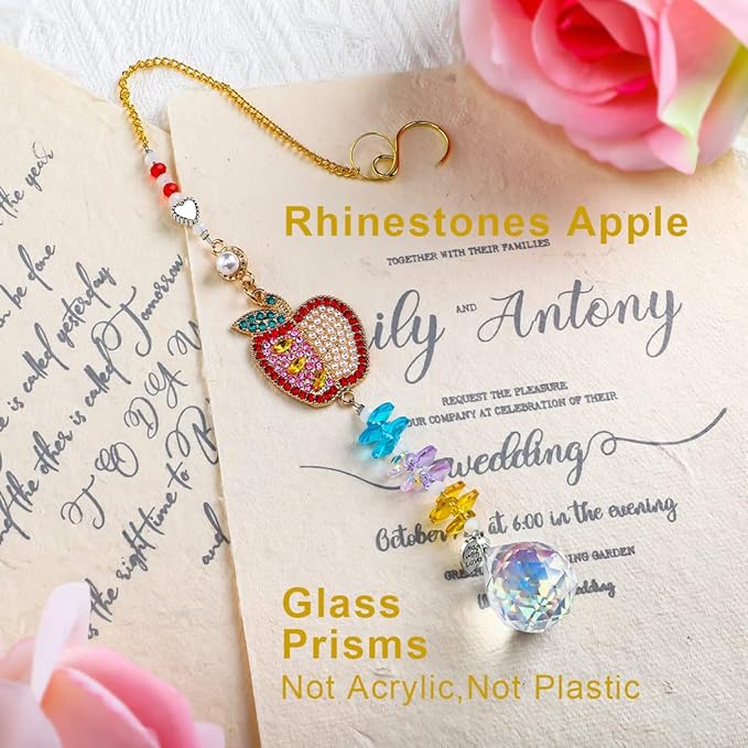 H&D HYALINE & DORA Set of 2 Crystal Sun Catchers Christmas Apple Pendant with Rhinestones, Hanging Colorful Crystal Ball Prism Sun Catcher for Home Wedding Party Christmas Garden Decor