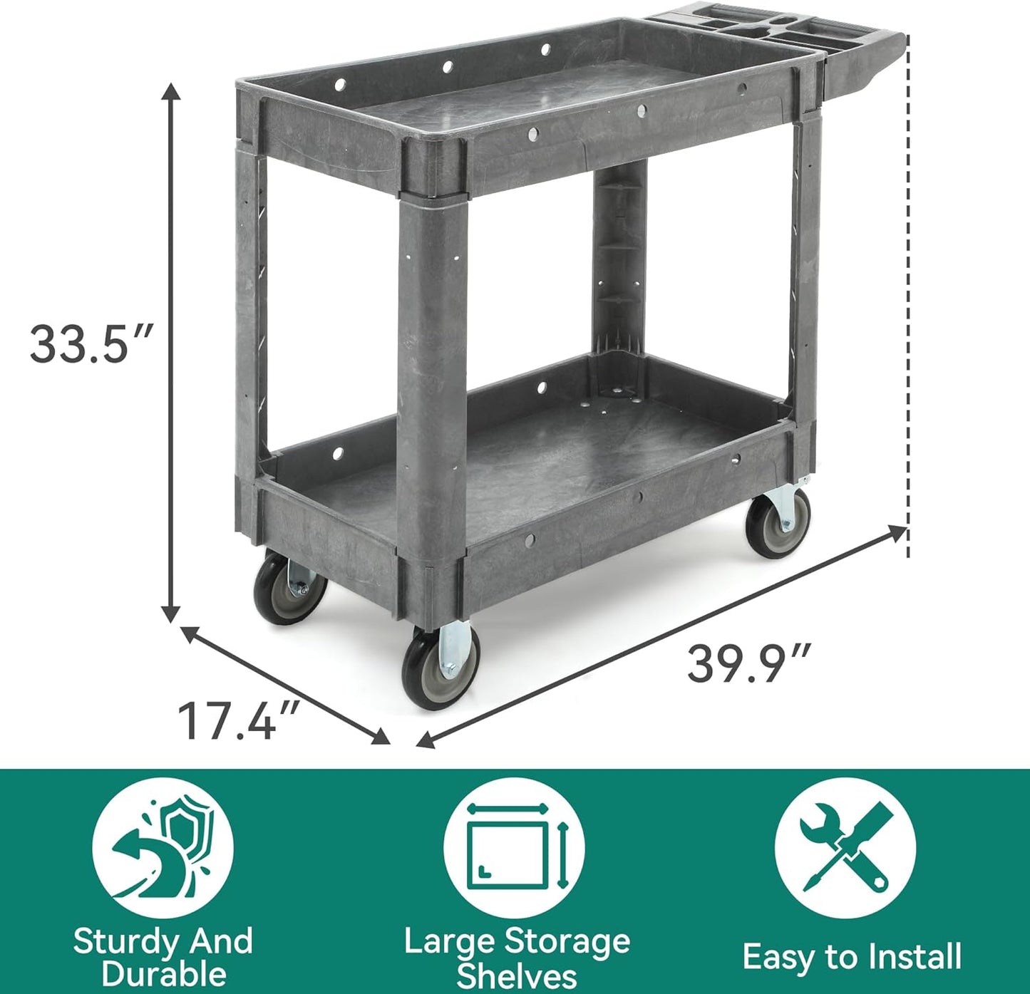 YITAHOME Utility Cart on Wheels, 550 lbs Capacity Service Cart, 40 x 17 Inch Rolling Work Carts, 2 Shelf Heavy Duty Plastic Cart Suitable for Warehouse, Garage, School & Office, Cleaning, Gray