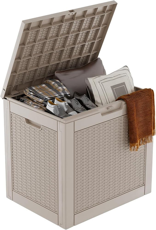 DRATO 31 Gallon Deck Box, Outdoor Storage Box for Patio Cushion, Garden Tools, Waterproof Resin Storage Box (Light Brown)