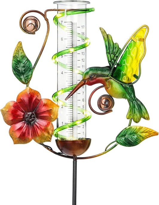 LEWIS&WAYNE 36.3” Hummingbird Rain Gauge Outdoor, 7” Glass Tube Solar Powered 10 Warm White LEDs Garden Metal Stakes Decorative Waterproof for Yard Garden Patio Lawn