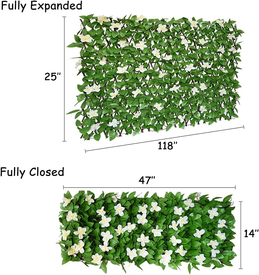 Expandable Faux Ivy Fence,Artificial Privacy Screen Decor for Outdoor Wall, Balcony and Patio, Single Sided Leaves (2,White Flower)